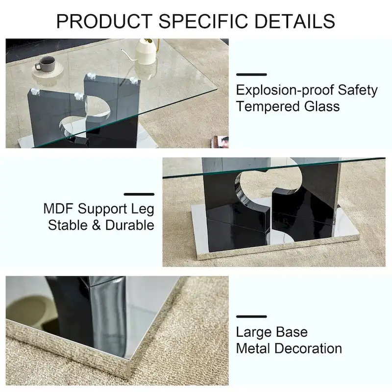 A rectangular modern and fashionable coffee table with tempered glass tabletop and white MDF legs