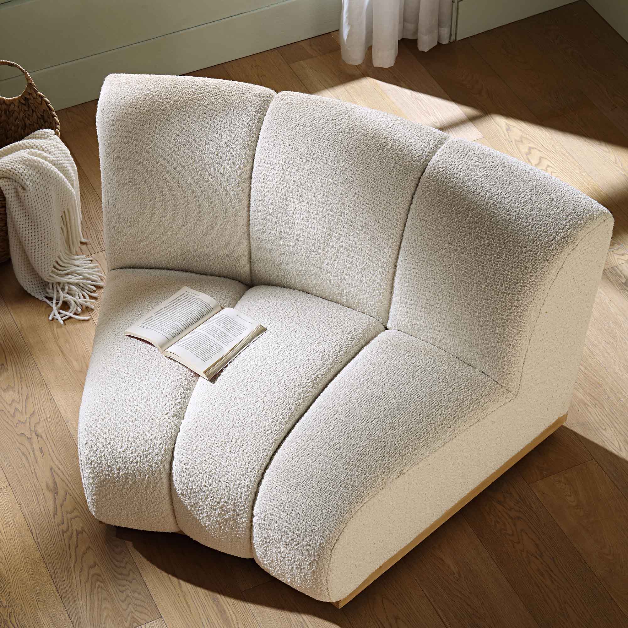 Ecru Boucle Sectional Sofa, 1-Seater Curved Sofa