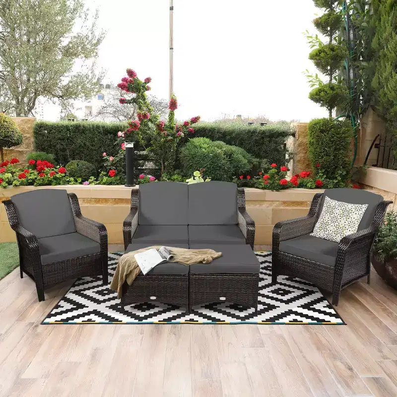 Costway 5PCS Patio Rattan Furniture Set Loveseat Sofa Ottoman W/Red\White Cushion