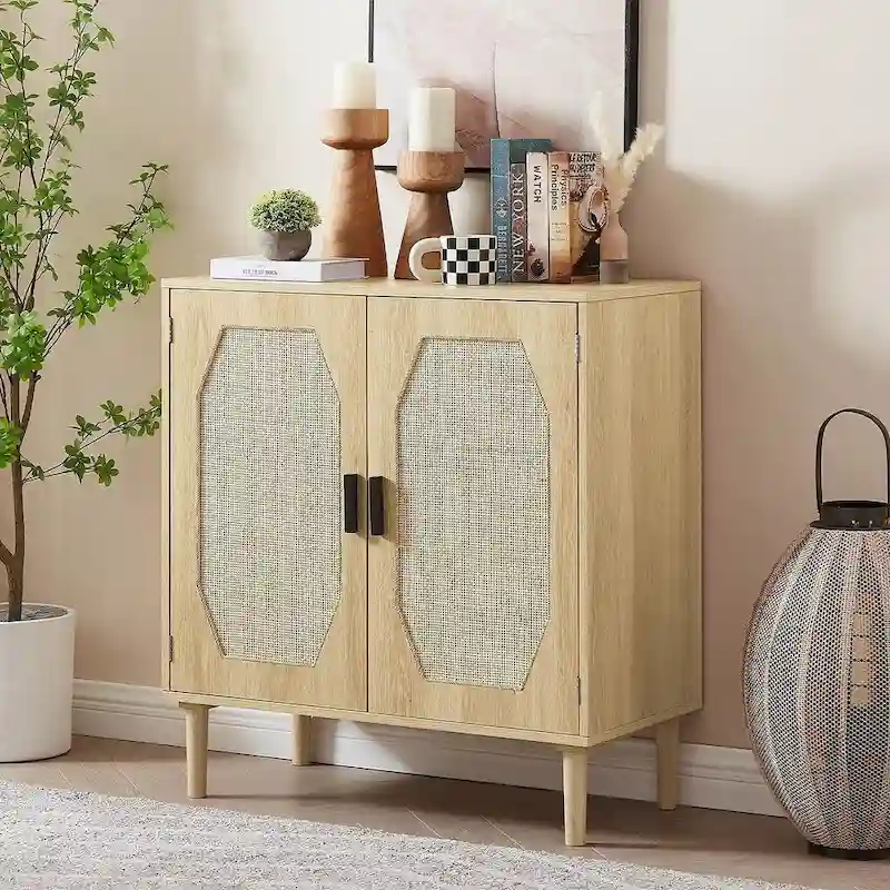 Rustic Storage Cabinet with 2 Rattan Doors