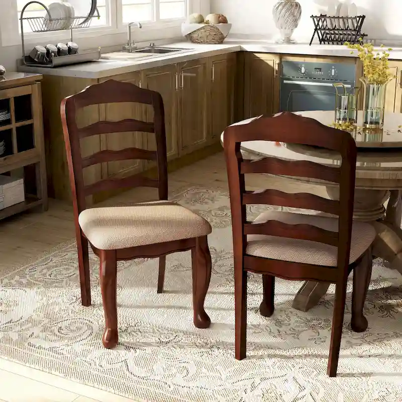 Traditional Ladder-Back Dining Chairs with Floral Carving – Dark Walnut / Tan