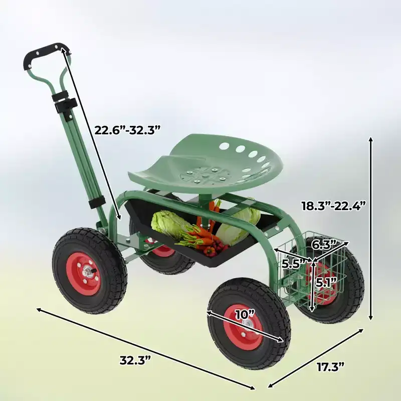 Rolling Garden Cart with Adjustable Seat and 360 Swivel - Heavy Duty Steel Frame with Tool Tray for Outdoor Projects - Green