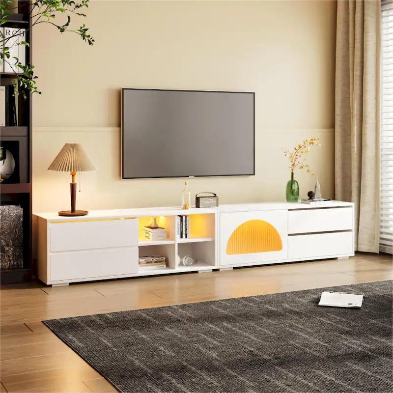Modern TV Stand with Fluted Glass Door for TVs Up to 100, Media Console with Sliding Door & 2 Drawers