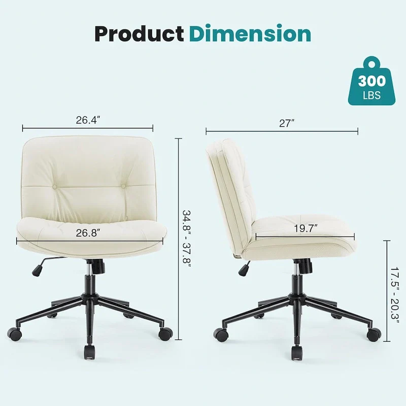 Khaki / Beige / Black PU Leather Armless Desk Chair with Wheels, 360° Swivel, Single Seat