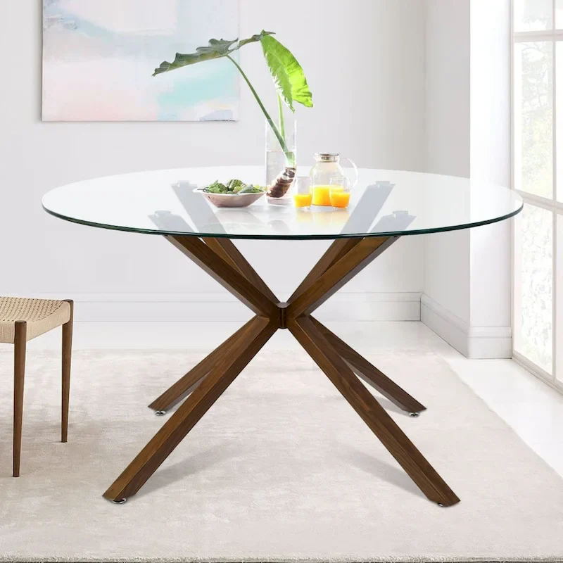 Round 39 Glass Dining Table Walnut Table Leg - 39x30x27