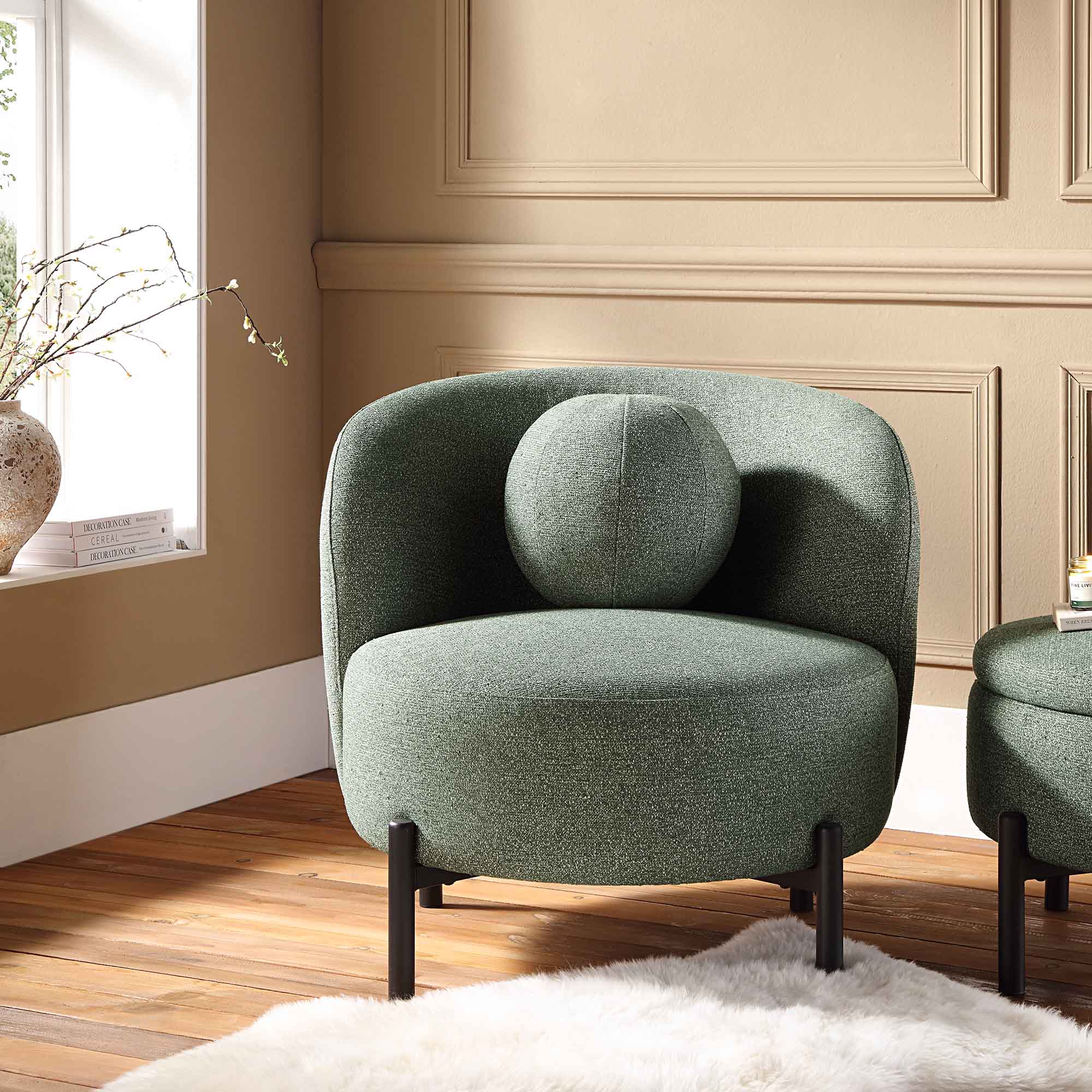 Armchair with Ball Cushion, Spruce Green Textured Fabric