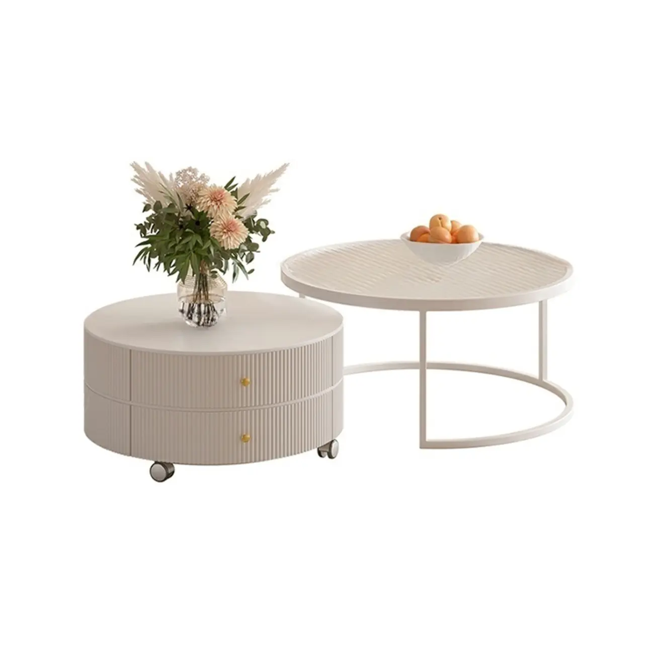 White Round Wheeled Round Wood Drawer Coffee Table