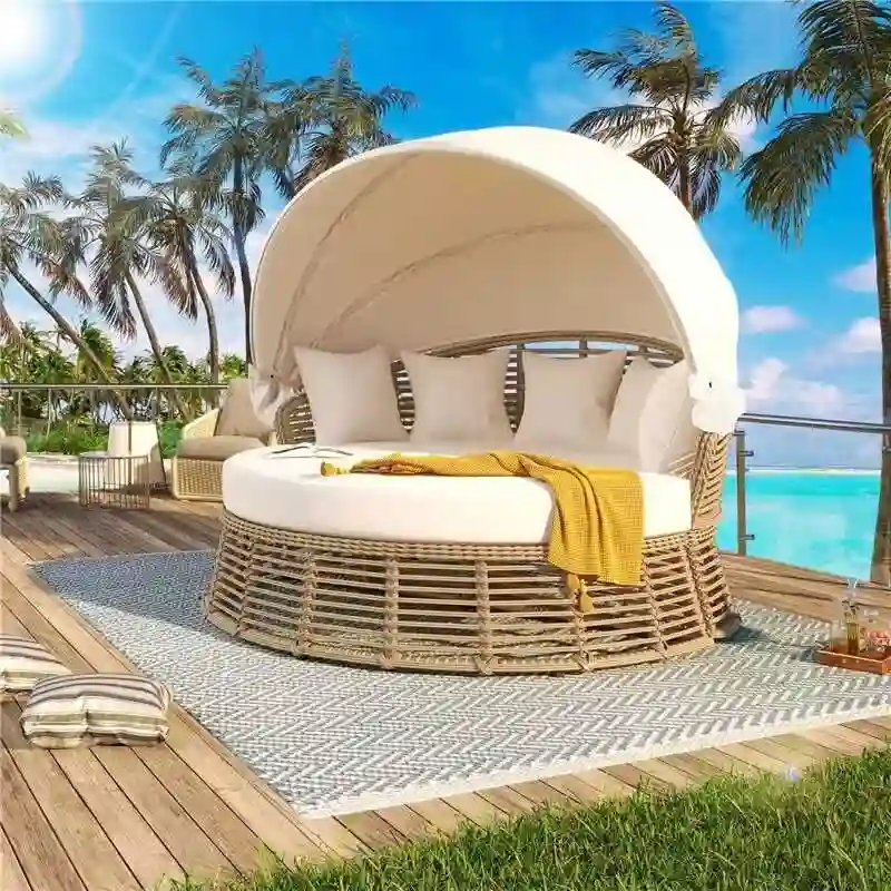 Patio Rattan Round Daybed with Retractable Canopy & Removable Cushions