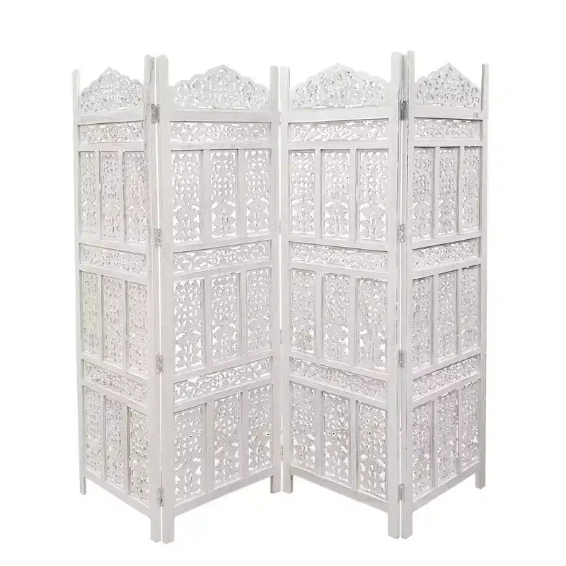 The Urban Port Aesthetically Carved 4 Panel Wooden Partition Screen/Room Divider Distressed White