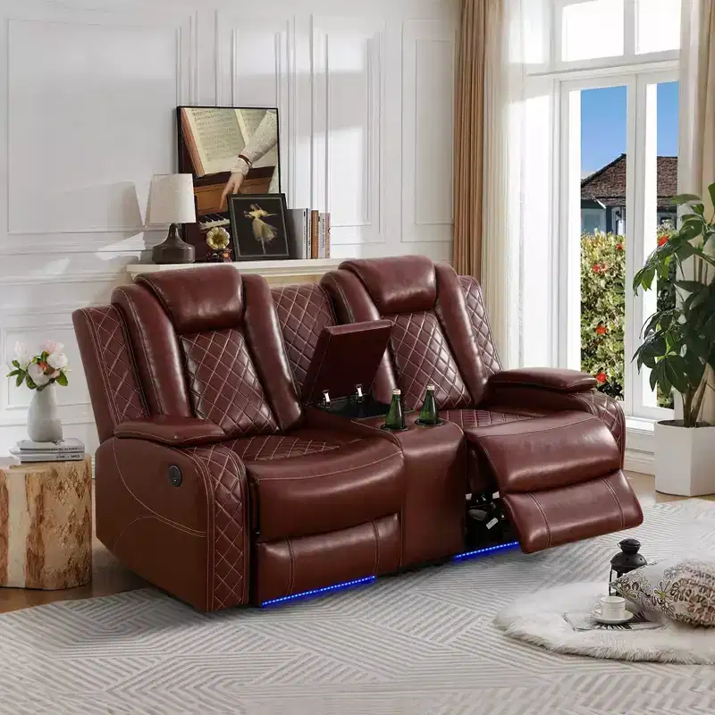 MAYEERTY Power Reclining Loveseat Sofa, Electric 2-Seat Leather Recliner with USB Charging, Storage & Cup Holders for Living Room, Brown
