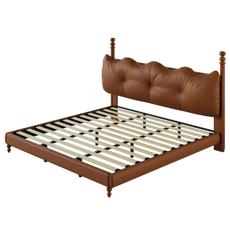 PU Leather Platform Bed with Button-Tufted Headboard & Wood Bedposts – Coffee, Queen / King / Cal King, Sleeps 2