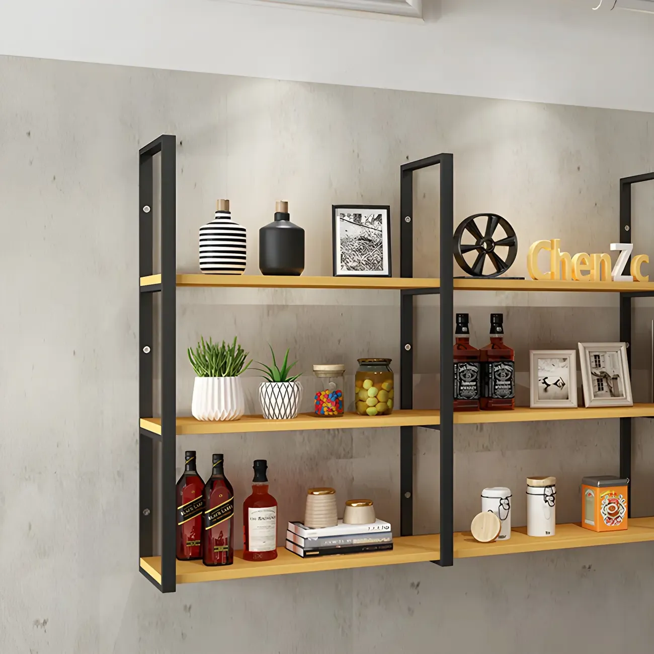 Industrial Wall-Mounted 3-Tier Wood Display Shelf