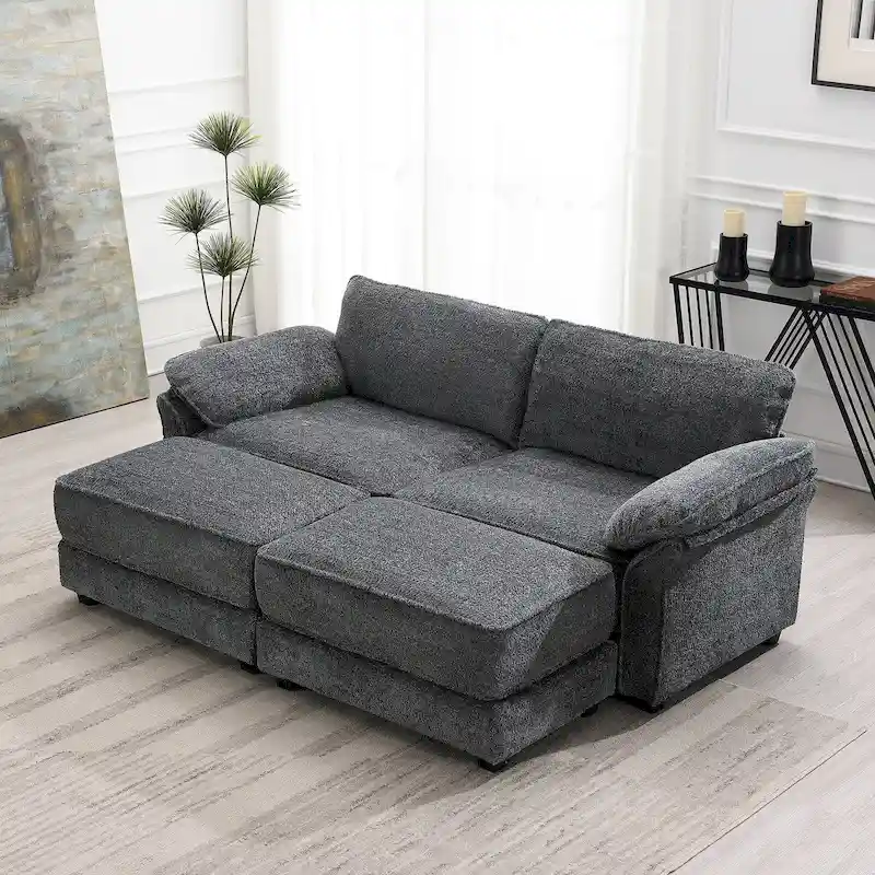 4 Seat Upholstered Free Combination Modular Convertible Sectional Sofa Bed Set, Deep-Seat,Ottoman,Grey