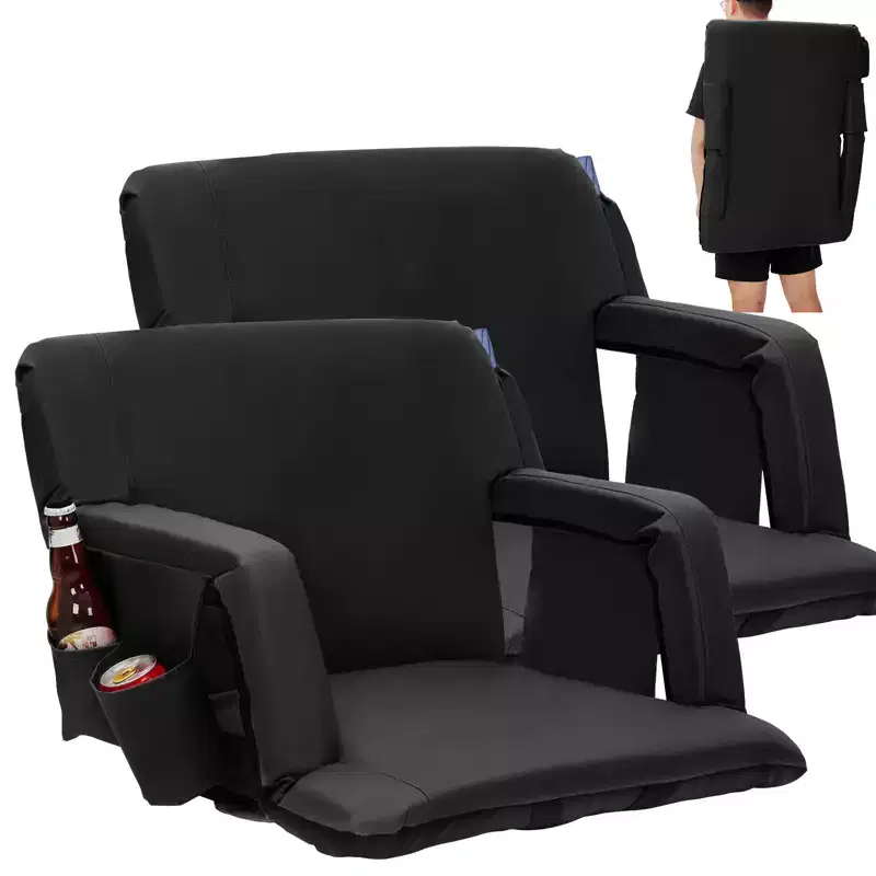 Stadium Seats with Back Support and Padded Cushion, Extra Wide Bleacher Chair with Anti-Slip Mat, 6 Adjustable Angle, Large Pocket, Cup Holders, Black