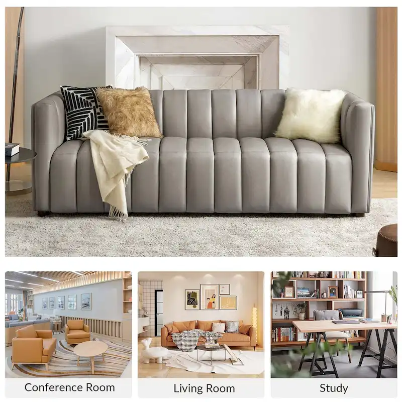 Modern Camel 83-Inch Genuine Leather Curved Couch with Channel Back