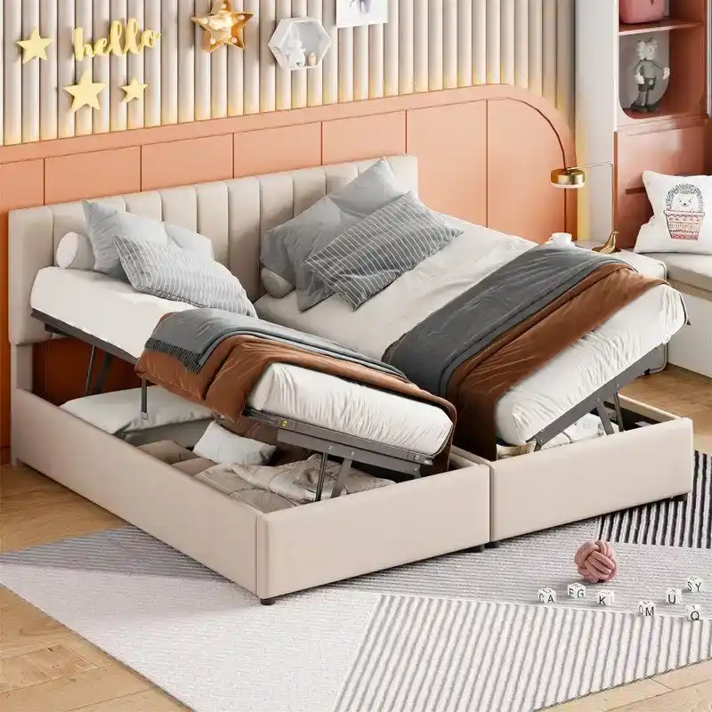 Beige/Grey Upholstered Platform Bed with Hydraulic Storage – Twin/King, 2-Person