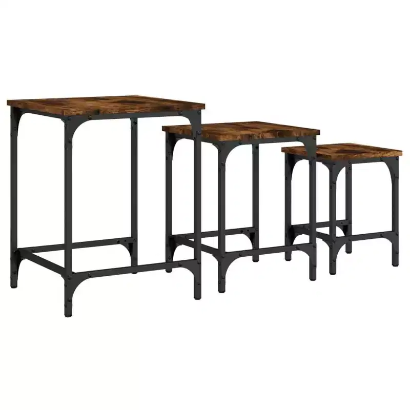vidaXL 3-Piece Nesting Coffee/Side Table Set - Smoked Oak Engineered Wood with Metal Frame for Living Room, Bedroom, Office