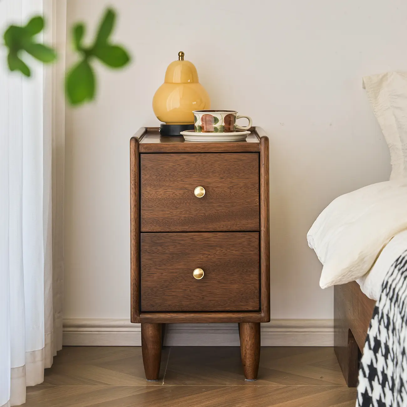 Art Deco Brown Wood Top 2 Drawer Nightstand with Legs