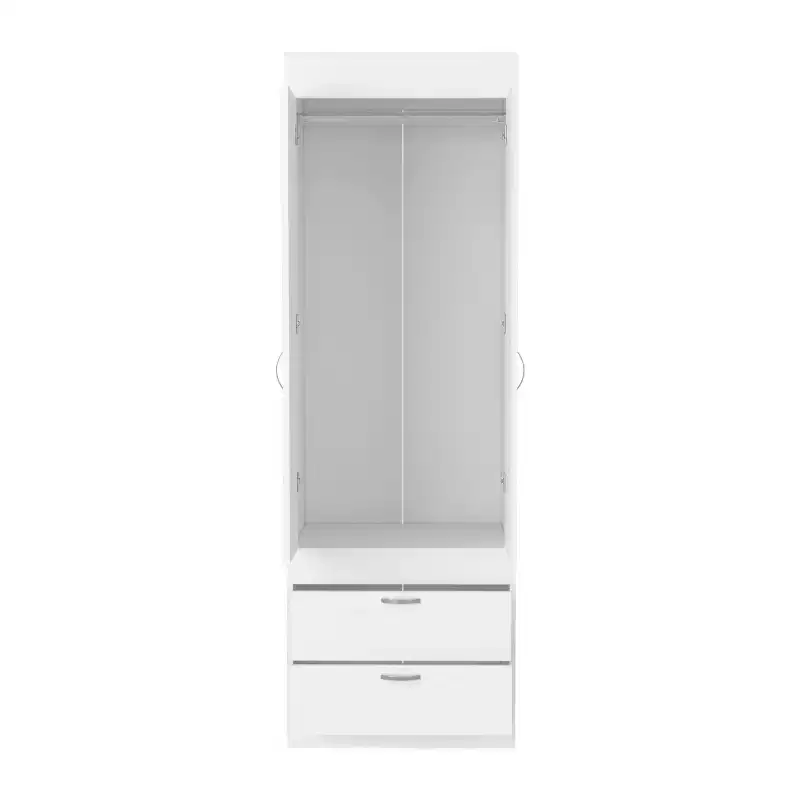 Armoire 70H, Double Door Cabinet, Two Drawers, Metal Handles, Rod, White