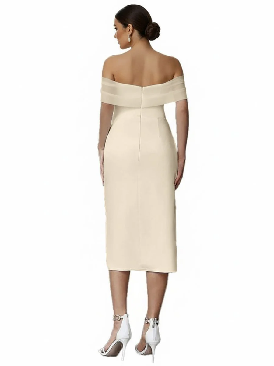 Sheath Off-The-Shoulder Sleeveless Tea-Length Wedding Dresses