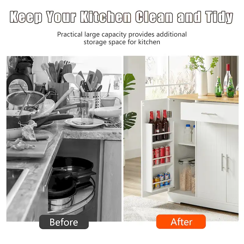 White Kitchen Island with Trash Can Cabinet, 53 In, 1-Person