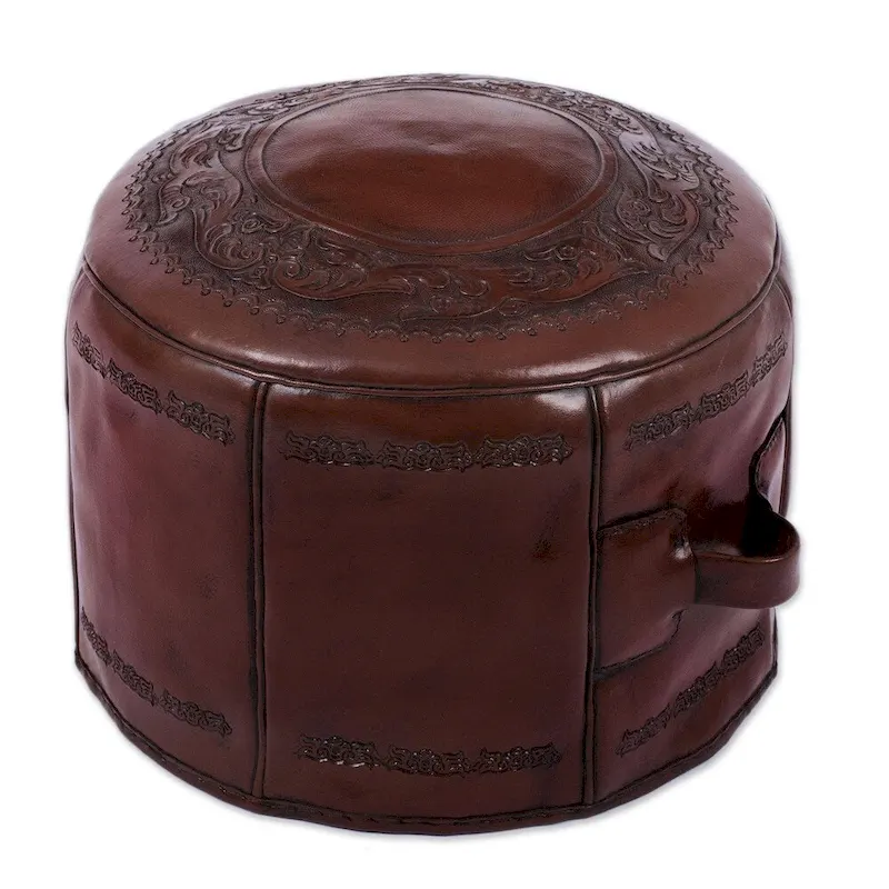 Handmade Spanish Elegance Tooled Leather Ottoman Pouf (Peru)