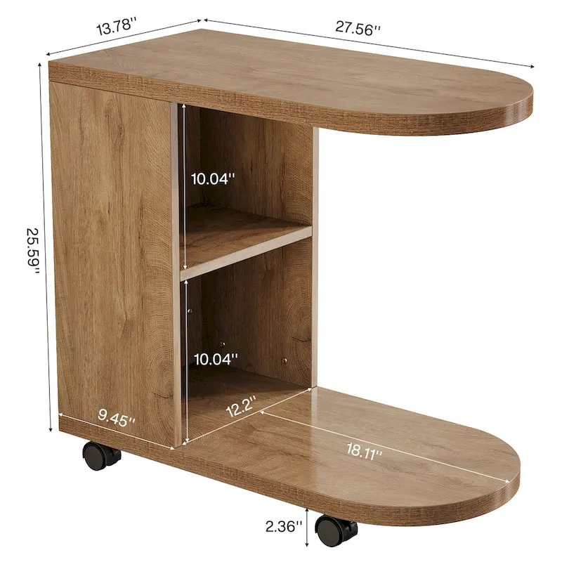 Oak C-Shaped Mobile Sofa Side Table with Multi-Tier Storage and Lockable Wheels – Set of 2