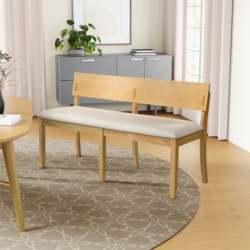 Natural / Black Upholstered Wood Dining Bench, Seats 2