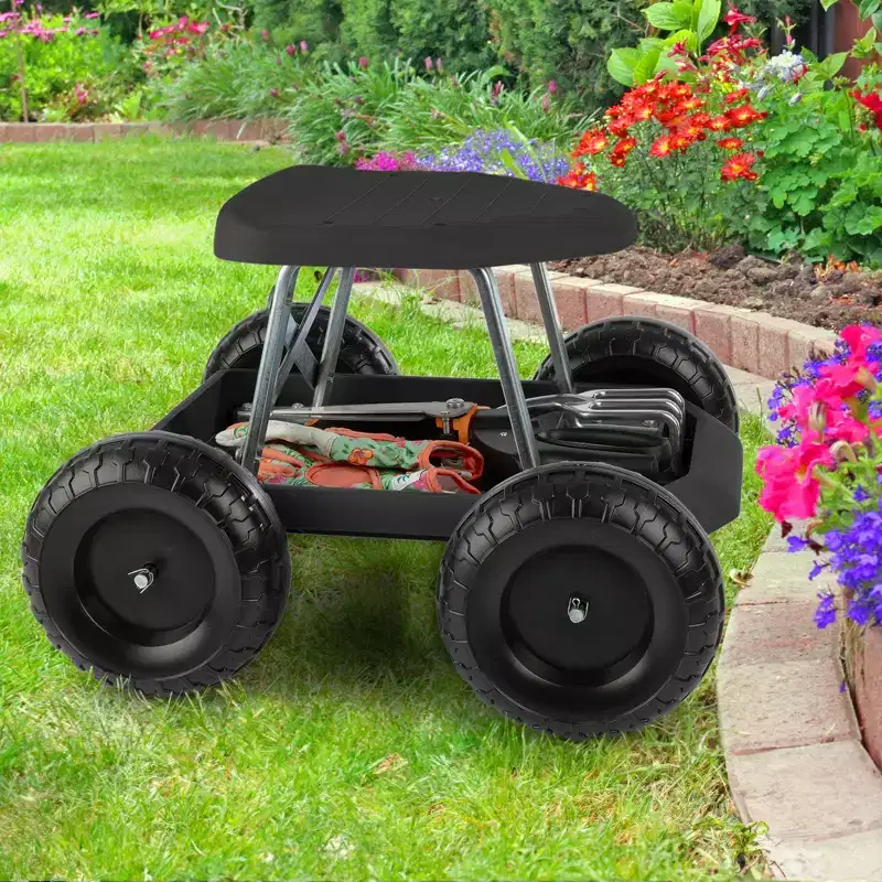 Garden Cart Rolling Stool Gardening Seat with Wheels and Tool Tray