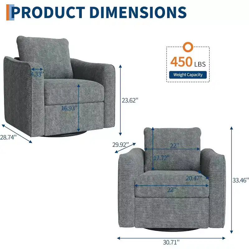 Acekool 360 Swivel Accent Chair, Ergonomic Backrest, Linen Upholstery, Steel Base, 440 lbs Support, for Living Room, Bedroom, Office