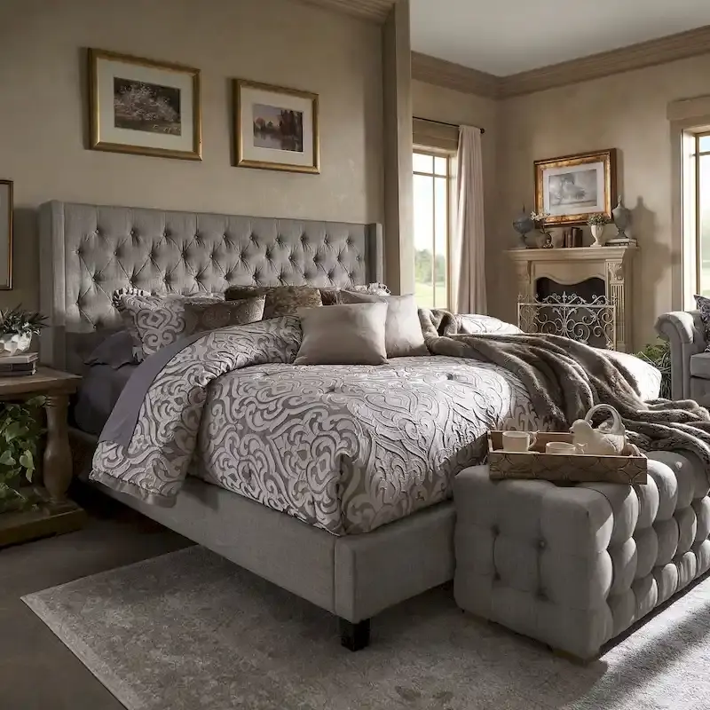 Wingback Button Tufted King Bed