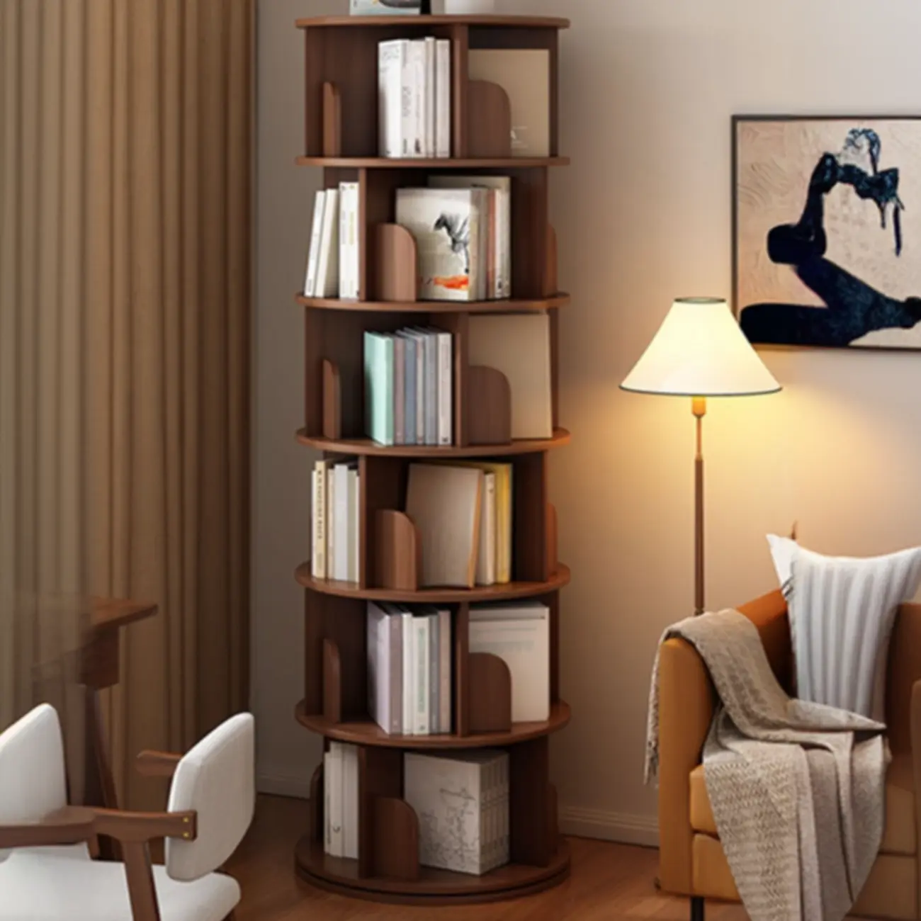 Brown Cylindrical Wooden Rotating Open-Back Bookcase