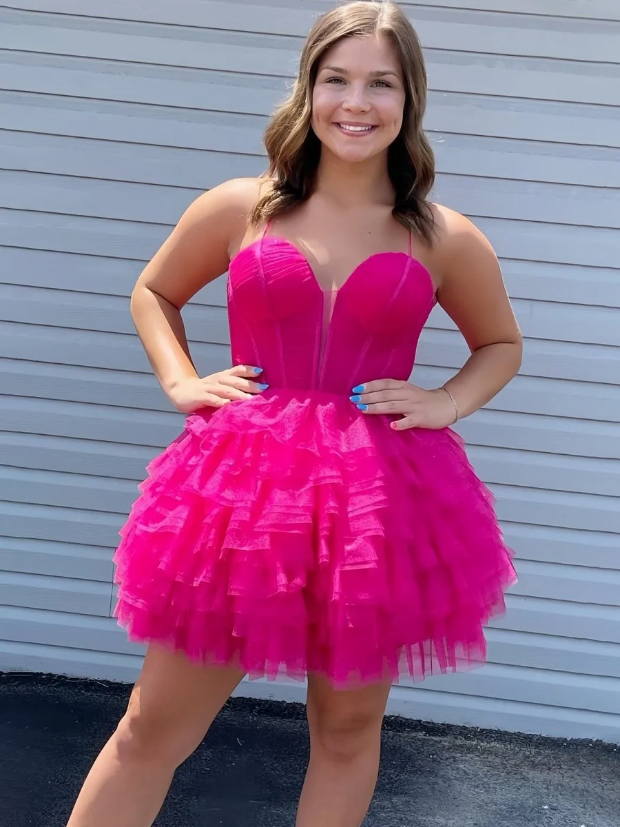 Fuchsia - V Neck Tulle Ruffles A-line Short Homecoming Dresses