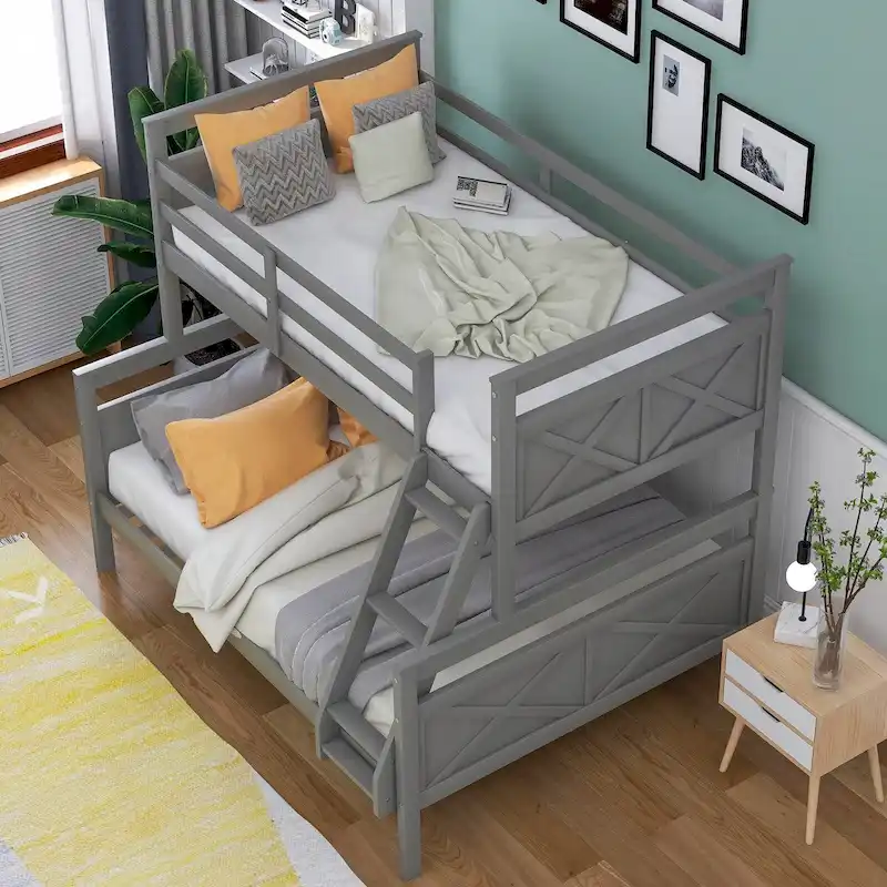 Grey / White Twin over Full Bunk Bed with Inclined Ladder, Sleeps 2