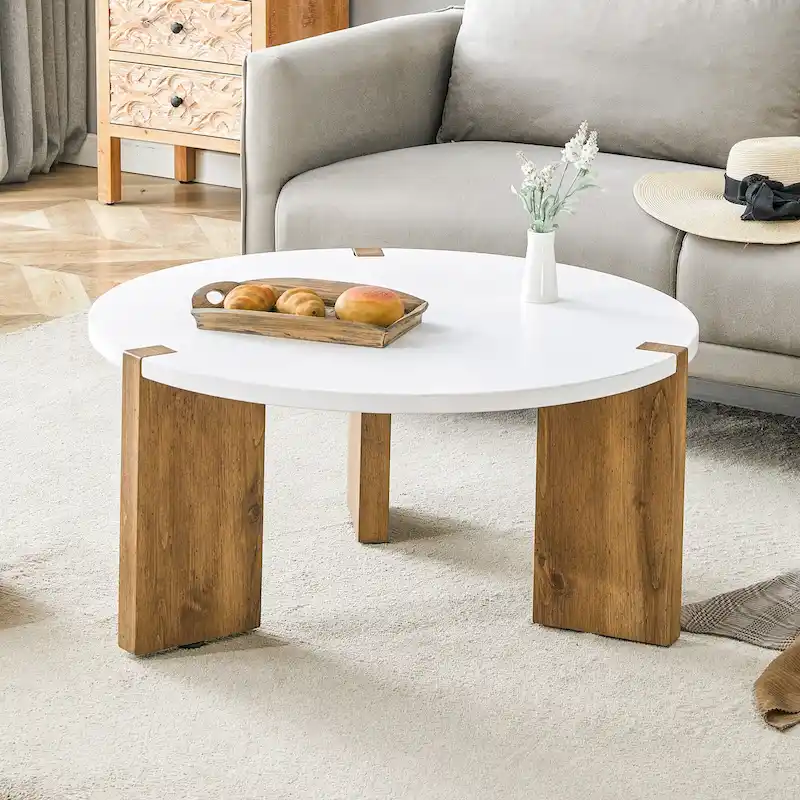 Coffee Table Round Coffee Table with Rectangular Legs Home Center Table Wooden Side Table for Living Room