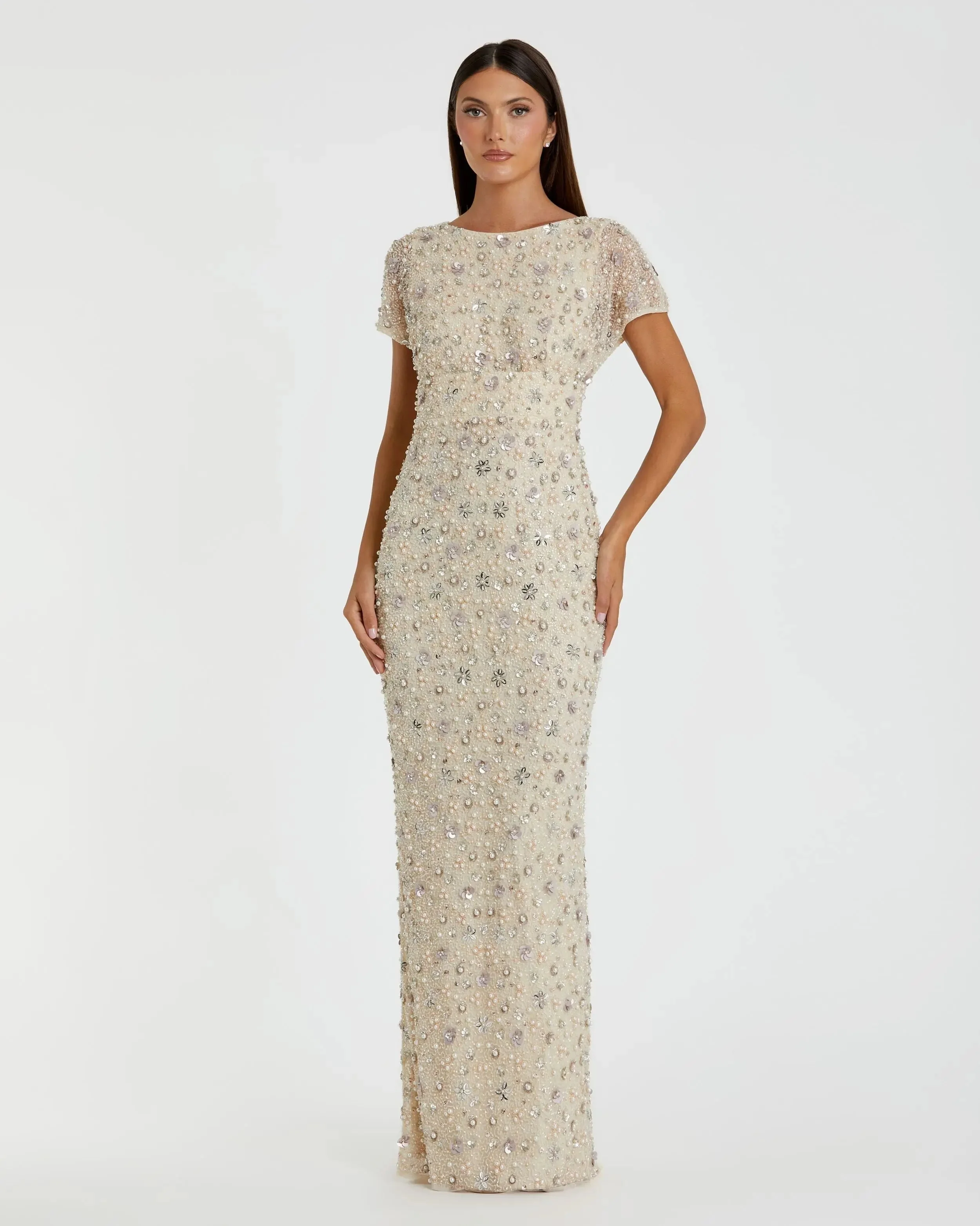 Ivory Floral Embellished Mesh Fitted Column Gown