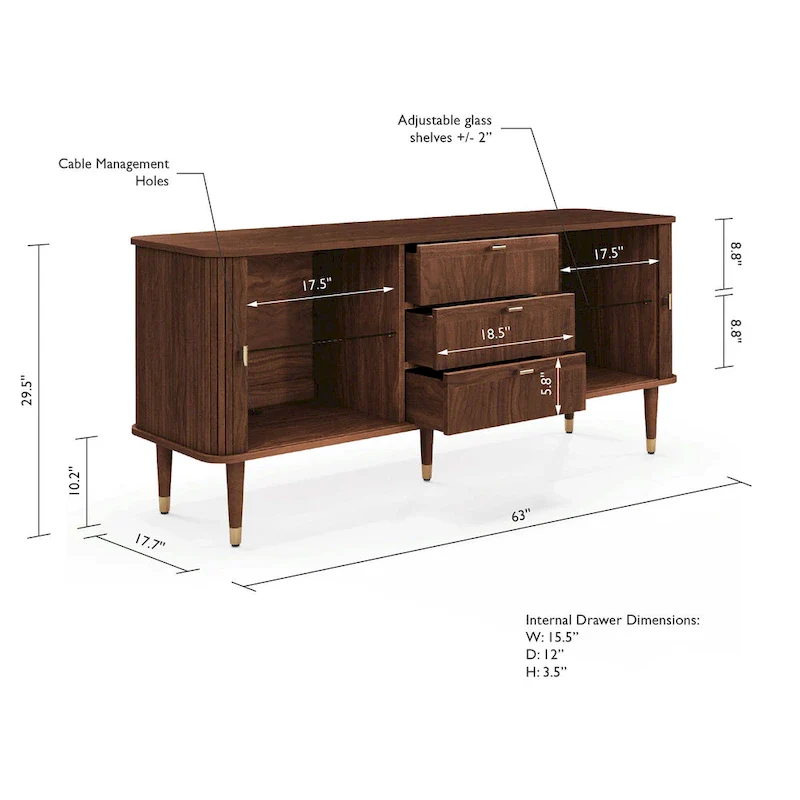 Walnut Wood Sideboard with 3 Drawer Mid Century Modern