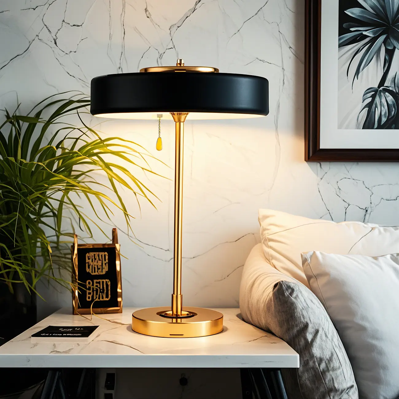 Gold Geometric Bedside Lamp with Pull Chain Switch