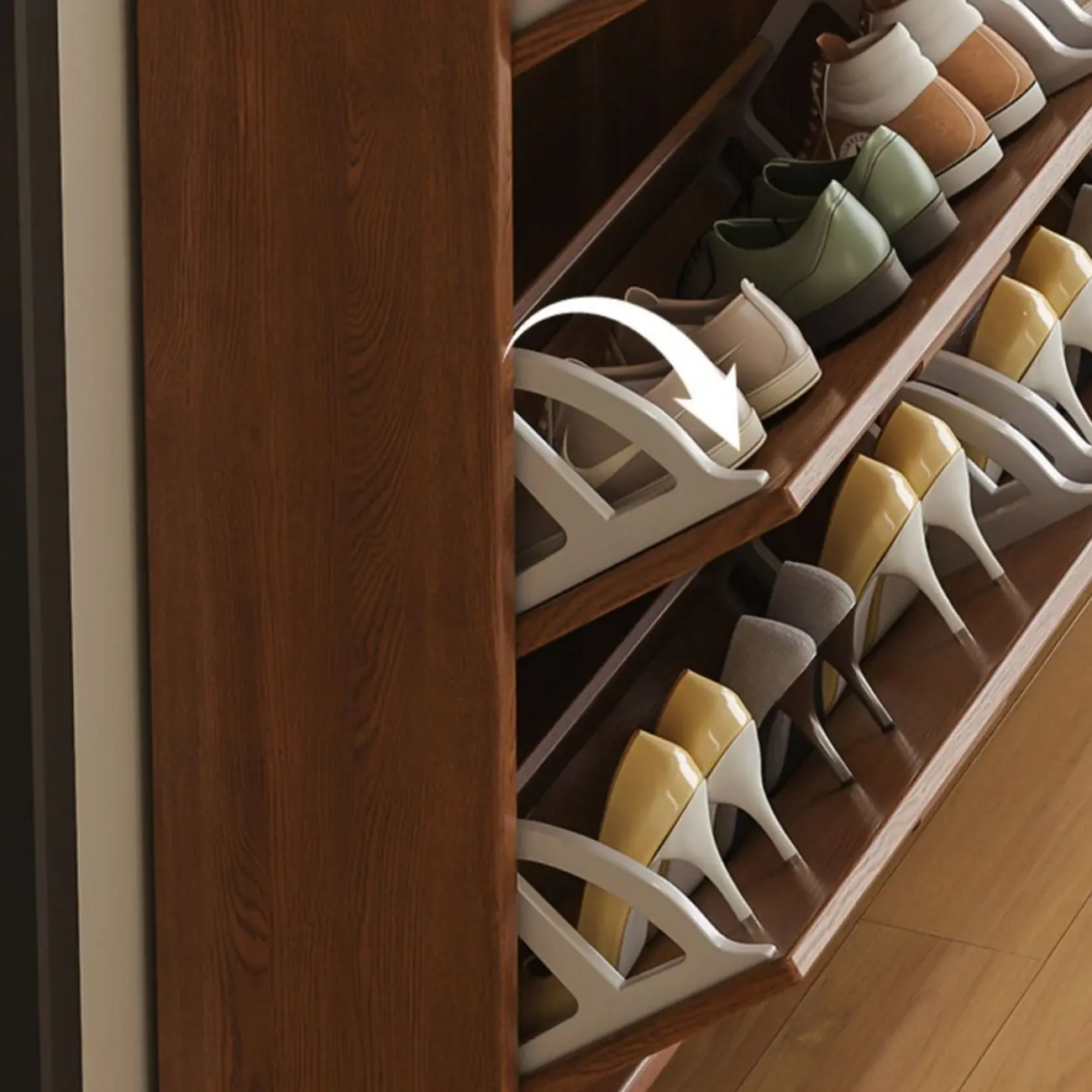 Traditional Hidden Adjustable 3 Tiers Solid Wood Shoe Cabinet