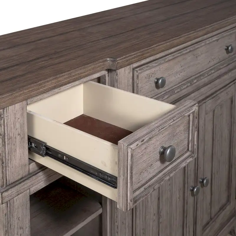 White & Grey Distressed Pine Breakfront Server – 1 Piece