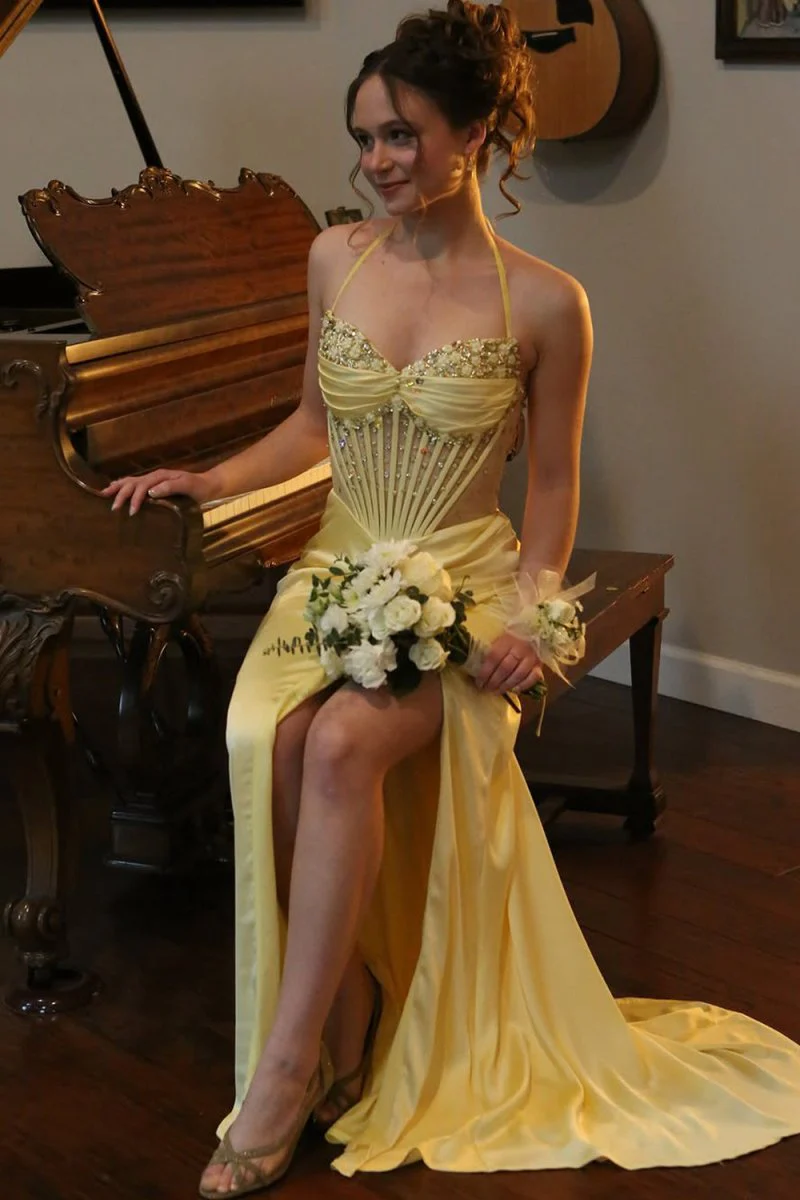 Yellow Halter Pleated Sheath Satin Long Prom Dresses With Beading