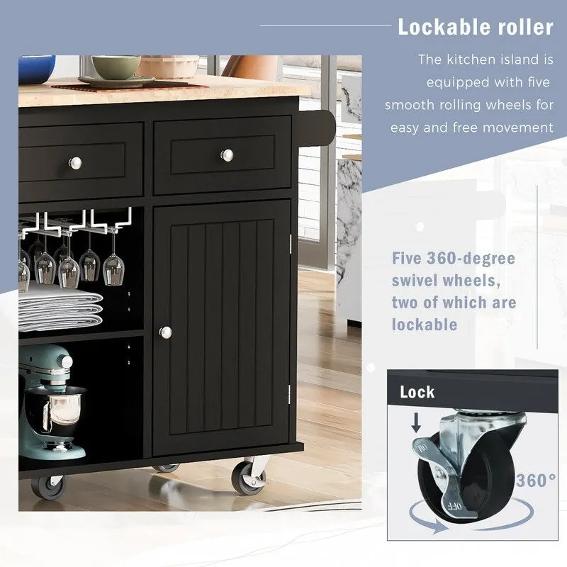 Drop Leaf Rubber Wood Kitchen Island with Power Outlet,Wine Rack
