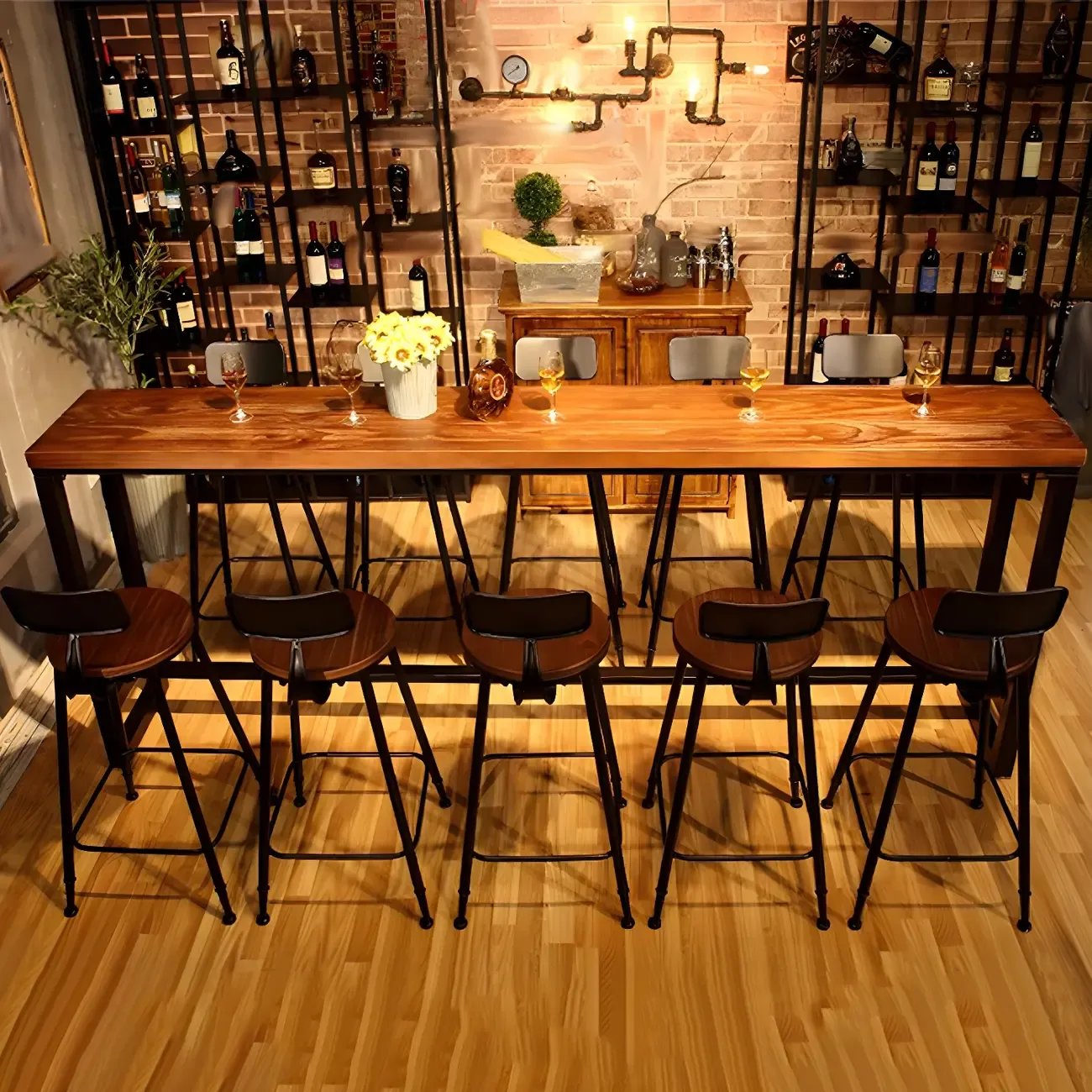 Rectangular Brown Wooden Bar Height Bar Set