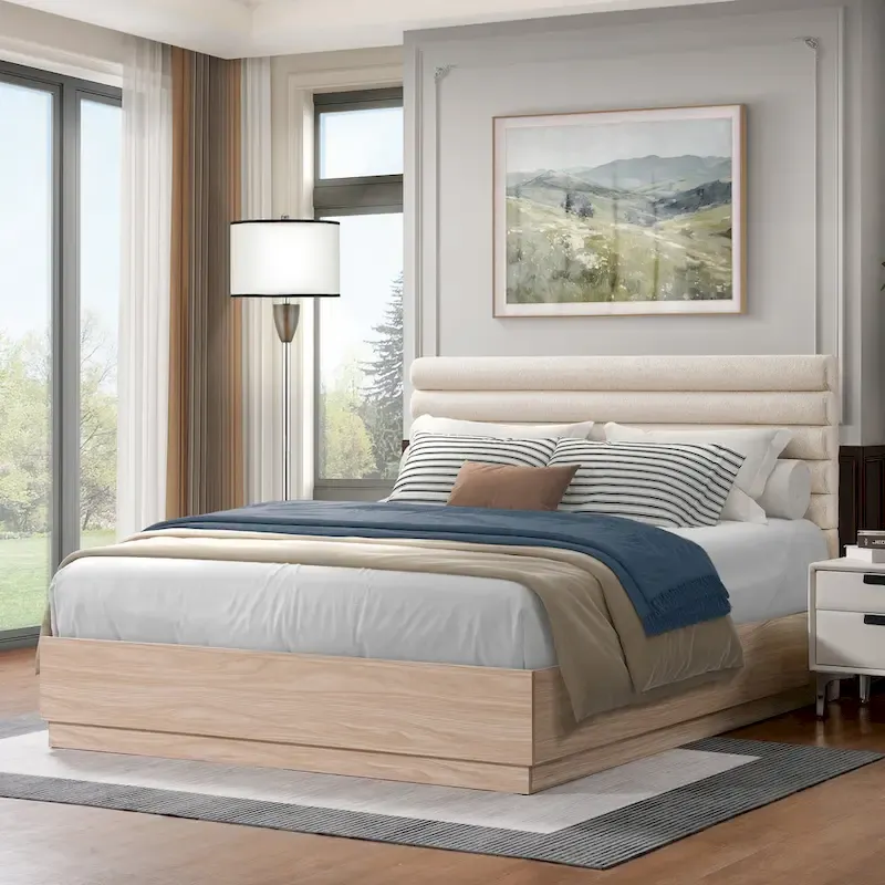 Queen Platform Bed Frame with Upholstered Headboard