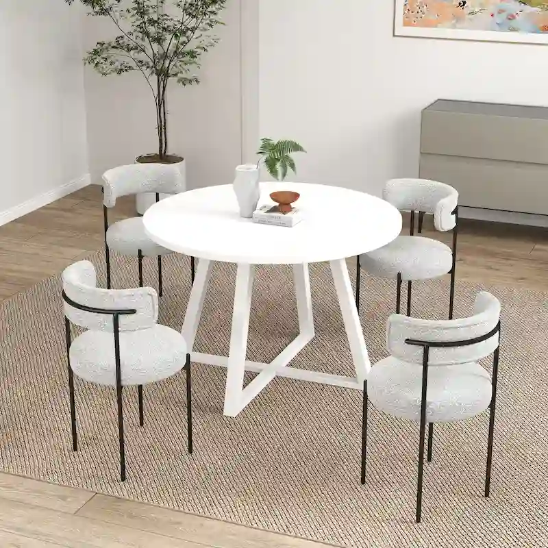 Durban 5-Piece Round Dining Set, Trestle Dining Table with 4 Boucle Chairs for Breakfast Nook, Kitchen, Living Room