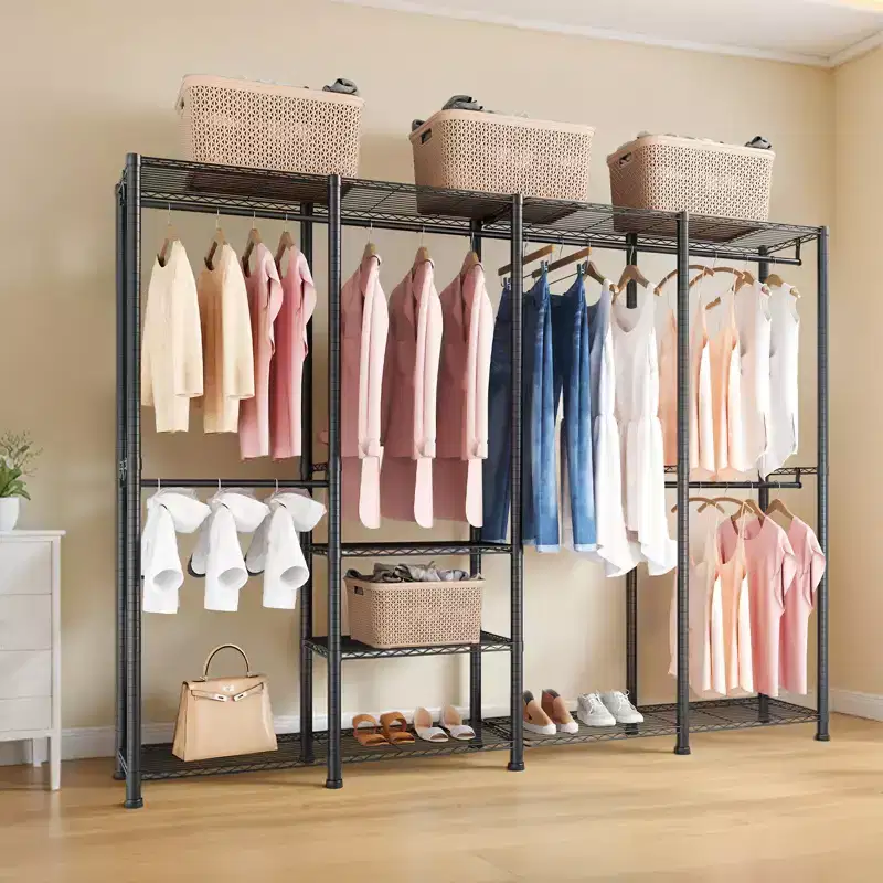 VEVOR Clothing Garment Rack,Heavy Duty Closet Wardrobe,Adjustable Tiers Clothes Racks with Steel Frame,1100lbs Load Capacity with 4 Hanging Rods,Black