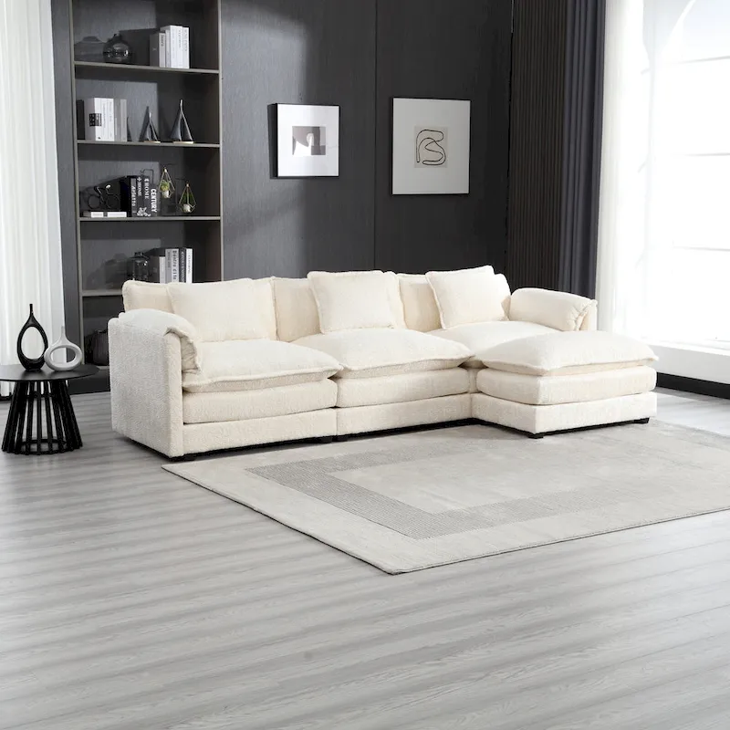 Beige 112.2  L-Shape 4-Seater Sectional Sofa in Modern Boucle Fabric with Removable Cushions and Detachable Armrests