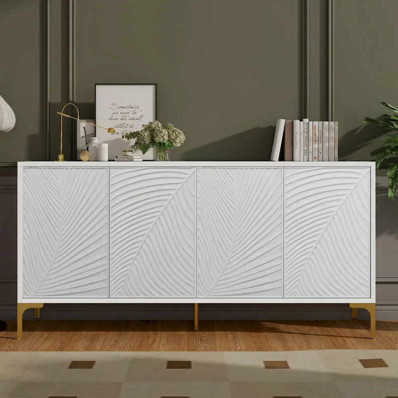 Four-Door Sideboard with Adjustable Shelves - Arched Panel Design (White)