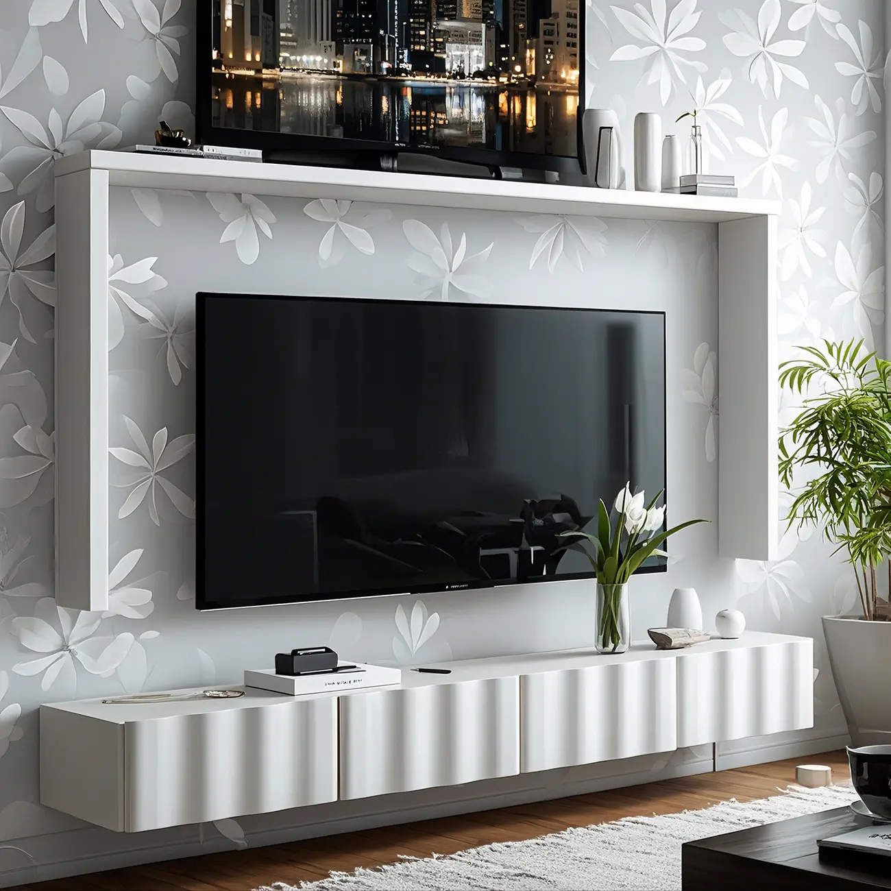 Contemporary White Wood Floating Wave TV Stand with Drawers