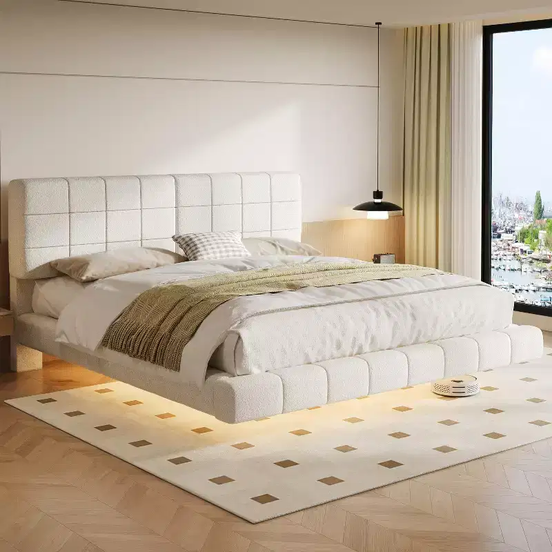 Queen/King Size Upholstered Platform Bed Frame Floating Bed with Light & Headboard, White - ModernLuxe